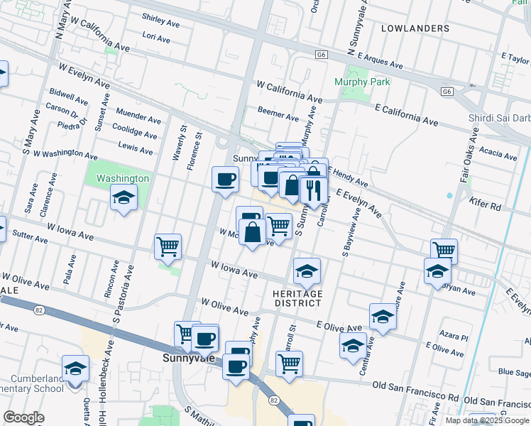 map of restaurants, bars, coffee shops, grocery stores, and more near 200 West Washington Avenue in Sunnyvale