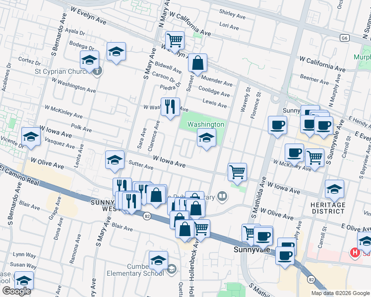 map of restaurants, bars, coffee shops, grocery stores, and more near 381 Pescadero Terrace in Sunnyvale