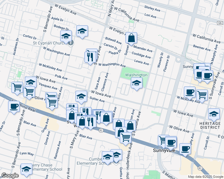 map of restaurants, bars, coffee shops, grocery stores, and more near 391 Dennis Avenue in Sunnyvale
