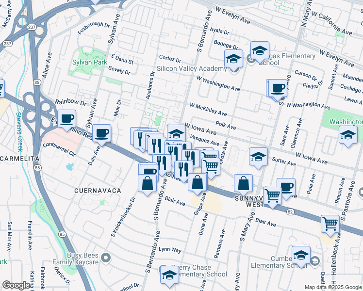 map of restaurants, bars, coffee shops, grocery stores, and more near 448 Vasquez Avenue in Sunnyvale