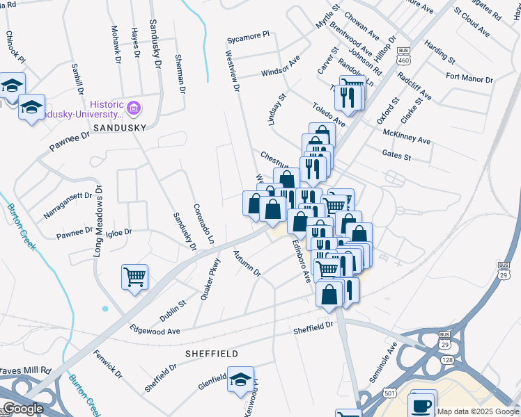 map of restaurants, bars, coffee shops, grocery stores, and more near 5515 Fort Avenue in Lynchburg