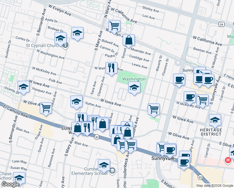 map of restaurants, bars, coffee shops, grocery stores, and more near 373 Redondo Terrace in Sunnyvale