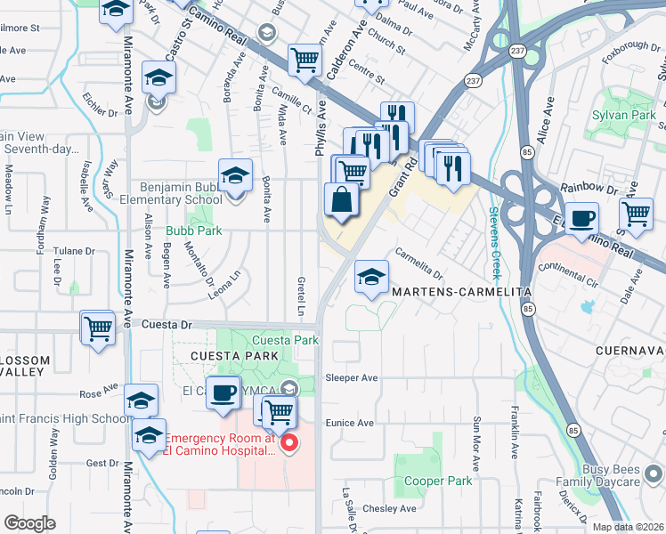 map of restaurants, bars, coffee shops, grocery stores, and more near 1467 Tyler Park Way in Mountain View