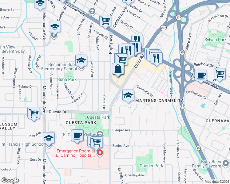 map of restaurants, bars, coffee shops, grocery stores, and more near 1467 Tyler Park Way in Mountain View