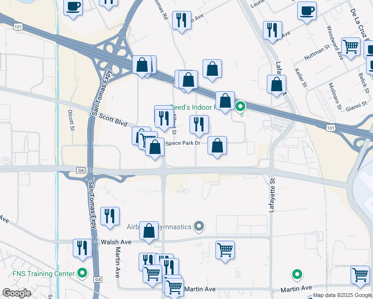 map of restaurants, bars, coffee shops, grocery stores, and more near 1700 Space Park Drive in Santa Clara