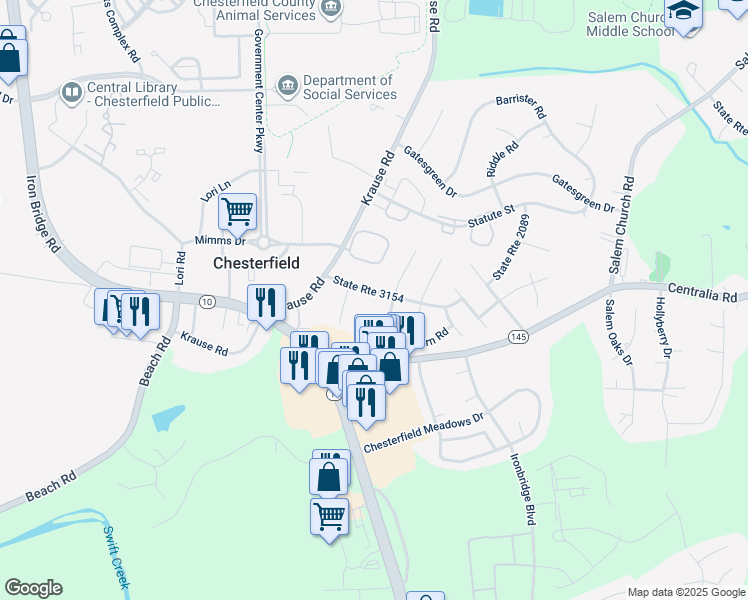 map of restaurants, bars, coffee shops, grocery stores, and more near 6409 Husting Road in Chesterfield