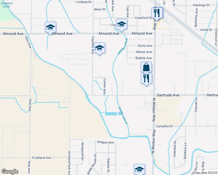 map of restaurants, bars, coffee shops, grocery stores, and more near 7405 Trevor Court in Winton