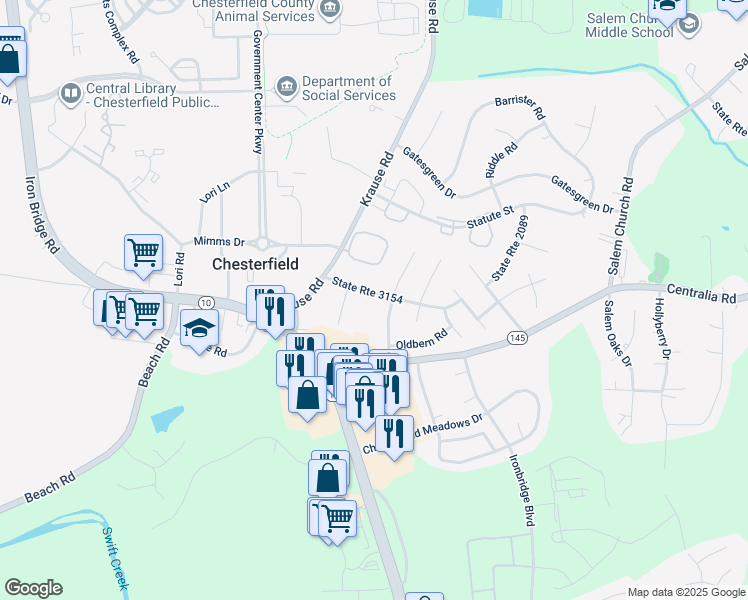 map of restaurants, bars, coffee shops, grocery stores, and more near 6409 Husting Road in Chesterfield