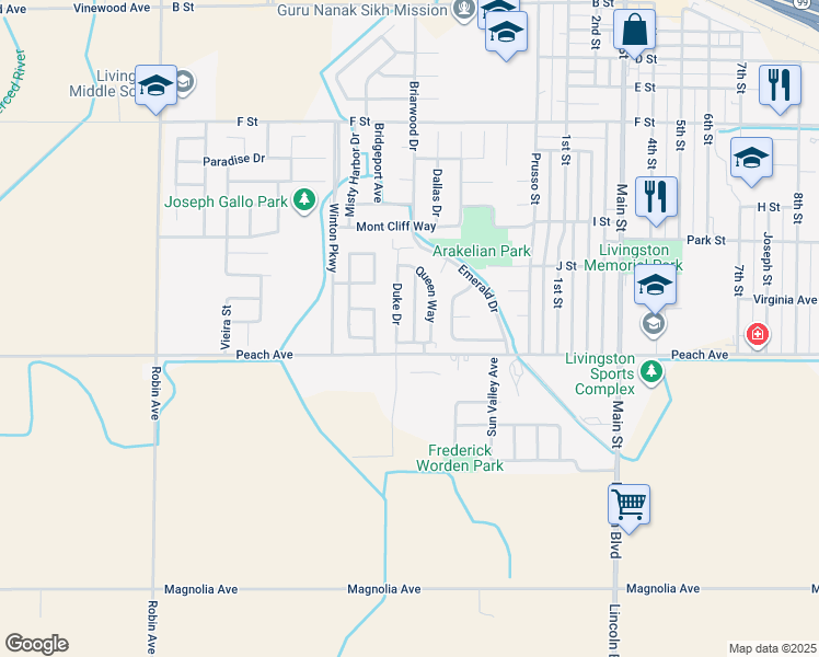 map of restaurants, bars, coffee shops, grocery stores, and more near 1557 Monte Cristo Way in Livingston