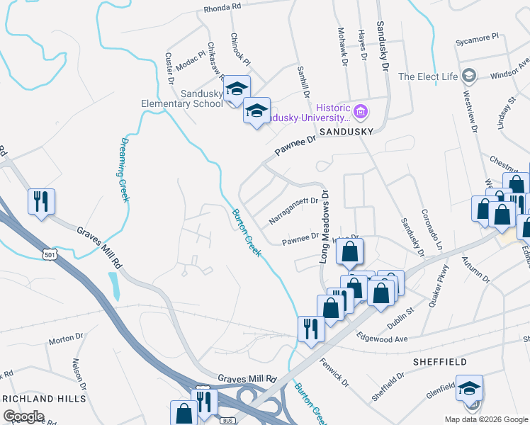 map of restaurants, bars, coffee shops, grocery stores, and more near 6247 Narragansett Drive in Lynchburg