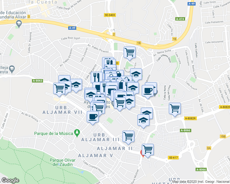 map of restaurants, bars, coffee shops, grocery stores, and more near in Tomares