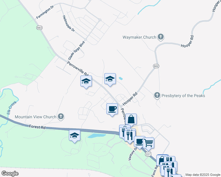 map of restaurants, bars, coffee shops, grocery stores, and more near 2206 Cavalier Circle in Forest