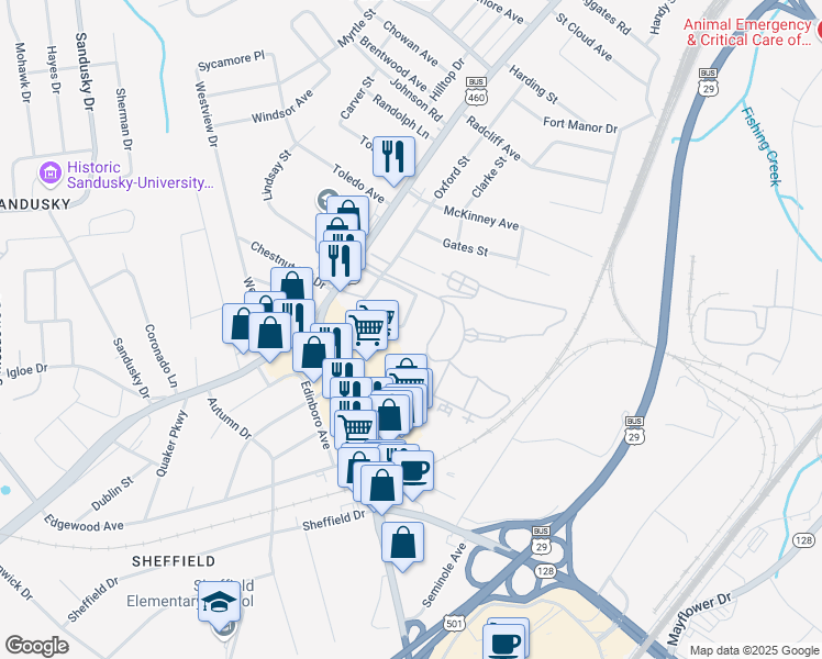 map of restaurants, bars, coffee shops, grocery stores, and more near 300 Twin Oak Drive in Lynchburg