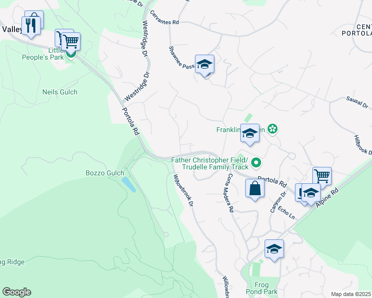 map of restaurants, bars, coffee shops, grocery stores, and more near 167 Brookside Drive in Portola Valley