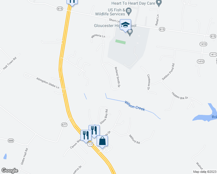 map of restaurants, bars, coffee shops, grocery stores, and more near 5924 Roland Smith Drive in Gloucester
