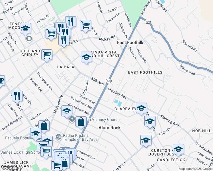 map of restaurants, bars, coffee shops, grocery stores, and more near Alum Rock Ave & Kirk Ave in East Foothills