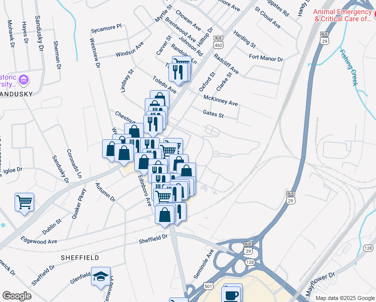 map of restaurants, bars, coffee shops, grocery stores, and more near 300 Twin Oak Drive in Lynchburg