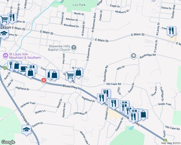 map of restaurants, bars, coffee shops, grocery stores, and more near 1547 Belair Drive in Jackson
