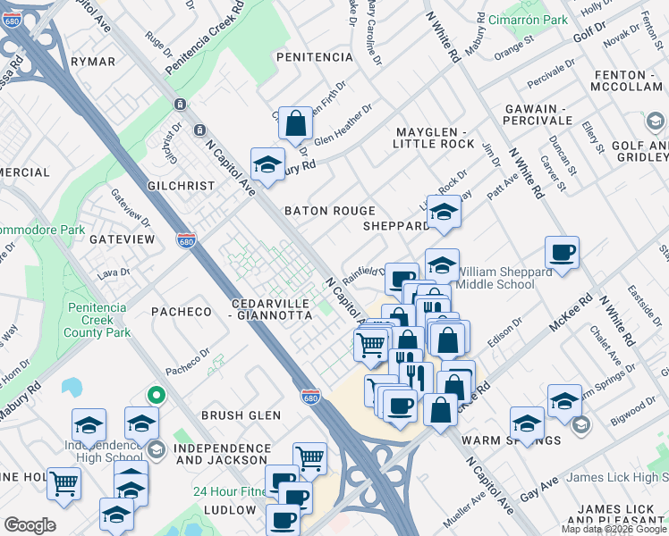 map of restaurants, bars, coffee shops, grocery stores, and more near 591 Rainwell Drive in San Jose