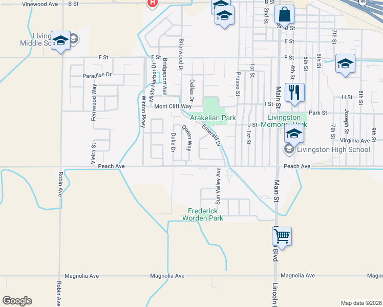 map of restaurants, bars, coffee shops, grocery stores, and more near 1568 Queen Way in Livingston