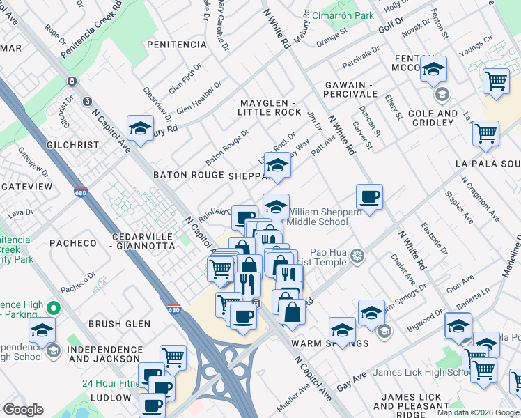 map of restaurants, bars, coffee shops, grocery stores, and more near 500 Rough and Ready Road in San Jose