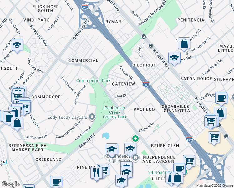 map of restaurants, bars, coffee shops, grocery stores, and more near 2335 Lava Drive in San Jose