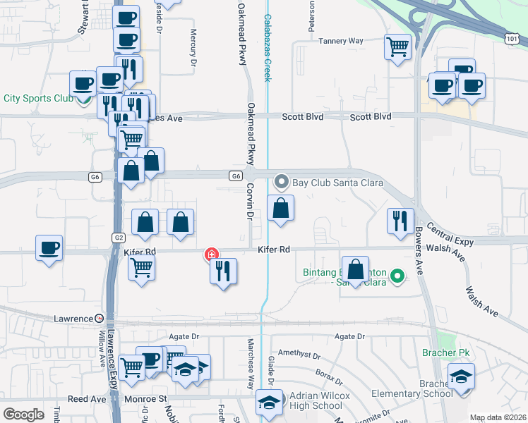 map of restaurants, bars, coffee shops, grocery stores, and more near 2991 Corvin Drive in Santa Clara