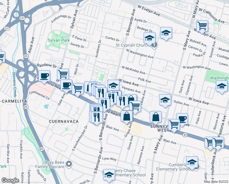 map of restaurants, bars, coffee shops, grocery stores, and more near 448 Vasquez Avenue in Sunnyvale