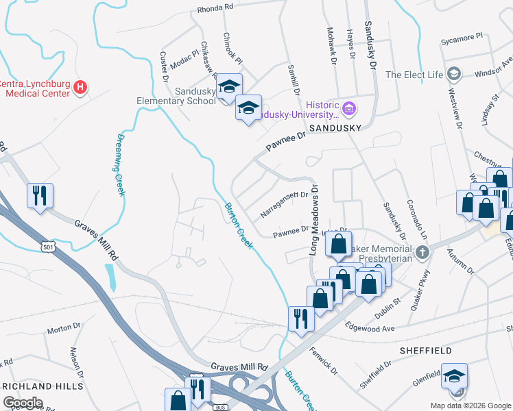 map of restaurants, bars, coffee shops, grocery stores, and more near 6247 Narragansett Drive in Lynchburg