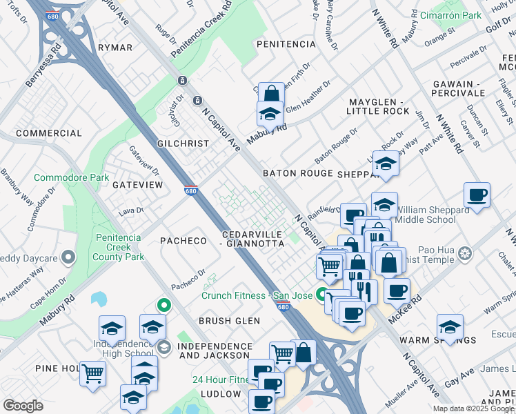 map of restaurants, bars, coffee shops, grocery stores, and more near 590 Cedarville Lane in San Jose
