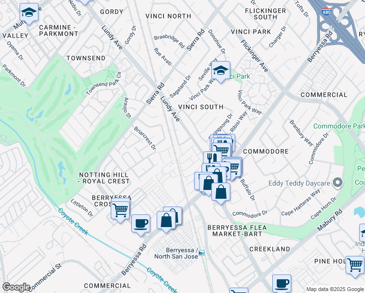 map of restaurants, bars, coffee shops, grocery stores, and more near 1146 Rosebriar Way in San Jose