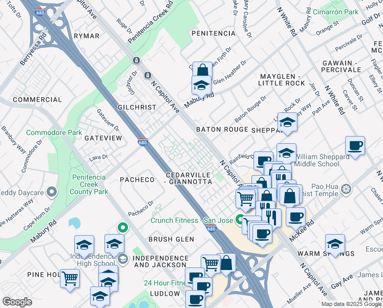 map of restaurants, bars, coffee shops, grocery stores, and more near 590 Cedarville Lane in San Jose
