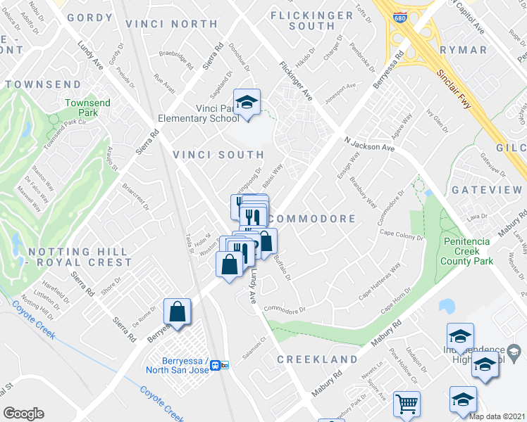map of restaurants, bars, coffee shops, grocery stores, and more near 1117 Waterton Lane in San Jose