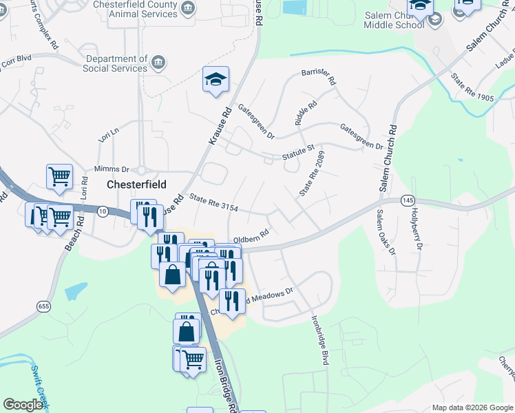 map of restaurants, bars, coffee shops, grocery stores, and more near 9901 Brenspark Road in Chesterfield
