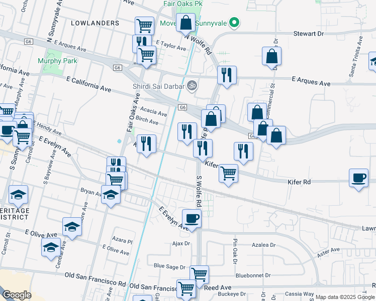 map of restaurants, bars, coffee shops, grocery stores, and more near 777-785 Kifer Road in Sunnyvale