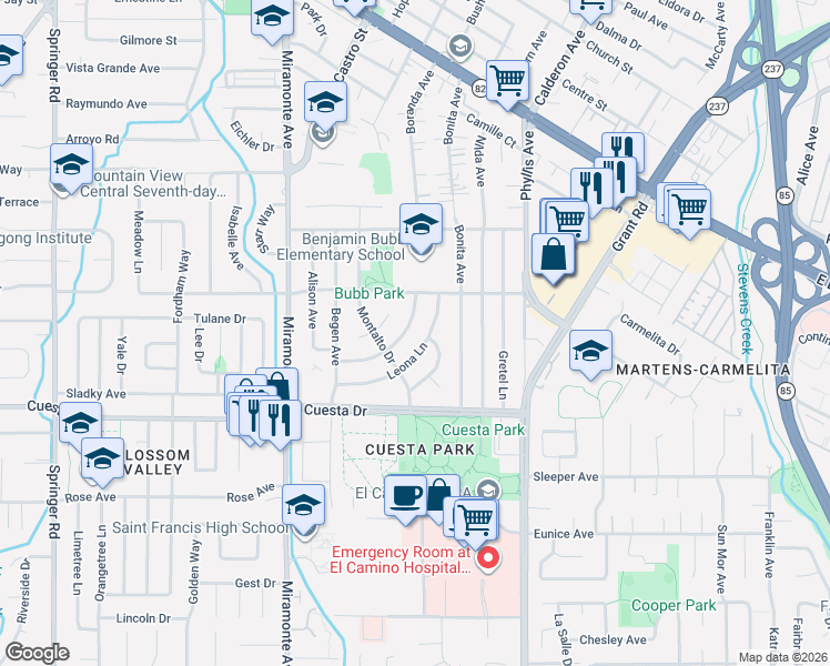 map of restaurants, bars, coffee shops, grocery stores, and more near 636 Leona Lane in Mountain View