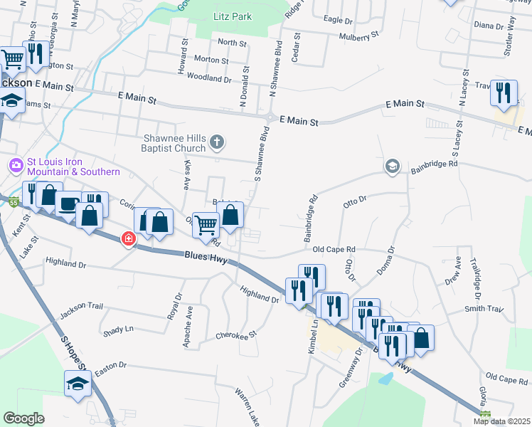 map of restaurants, bars, coffee shops, grocery stores, and more near 1547 Belair Drive in Jackson