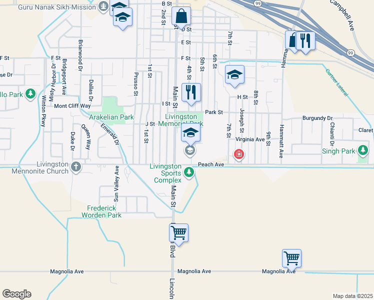map of restaurants, bars, coffee shops, grocery stores, and more near 1617 Main Street in Livingston