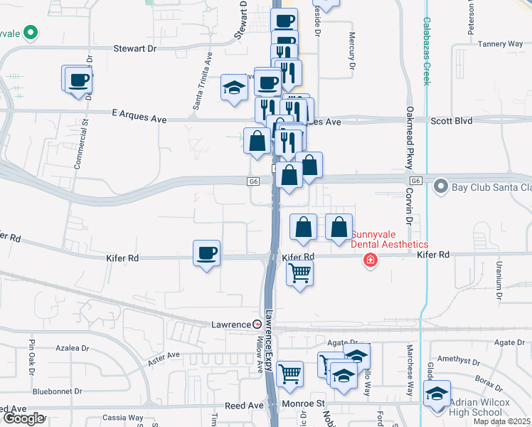 map of restaurants, bars, coffee shops, grocery stores, and more near 3002 Lawrence Expressway in Santa Clara