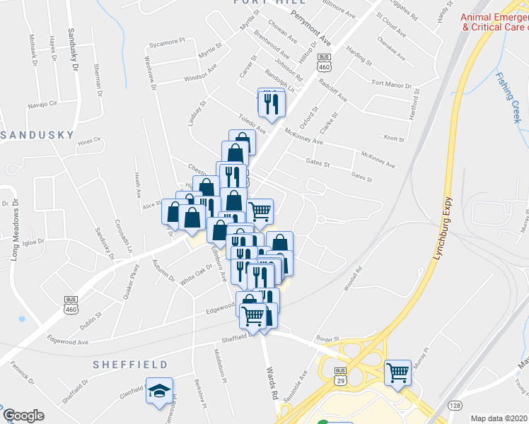 map of restaurants, bars, coffee shops, grocery stores, and more near 303 Twin Oak Drive in Lynchburg