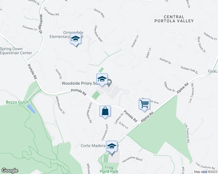 map of restaurants, bars, coffee shops, grocery stores, and more near 302 Portola Road in Portola Valley
