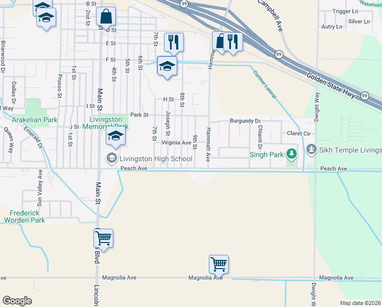 map of restaurants, bars, coffee shops, grocery stores, and more near 1622 9th Street in Livingston