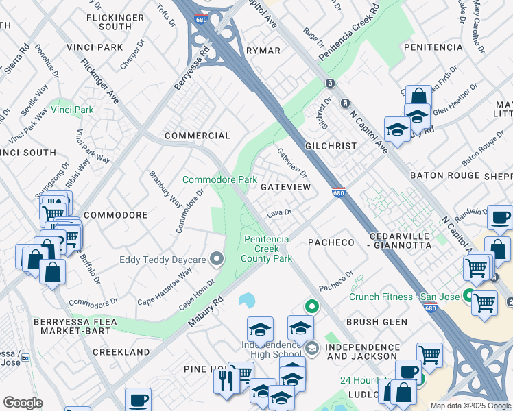 map of restaurants, bars, coffee shops, grocery stores, and more near 832 North Jackson Avenue in San Jose