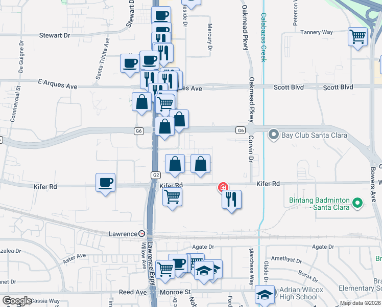map of restaurants, bars, coffee shops, grocery stores, and more near 3020 Boyter Place in Santa Clara