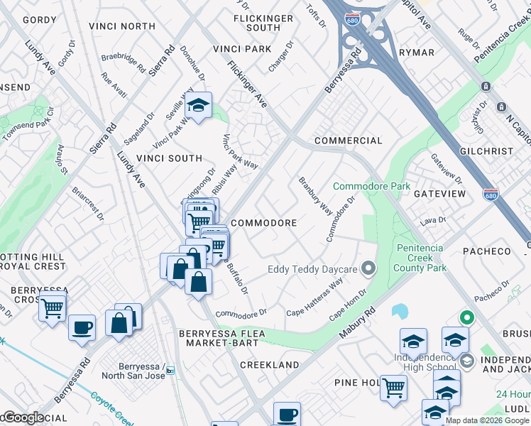 map of restaurants, bars, coffee shops, grocery stores, and more near 1865 Penwood Street in San Jose