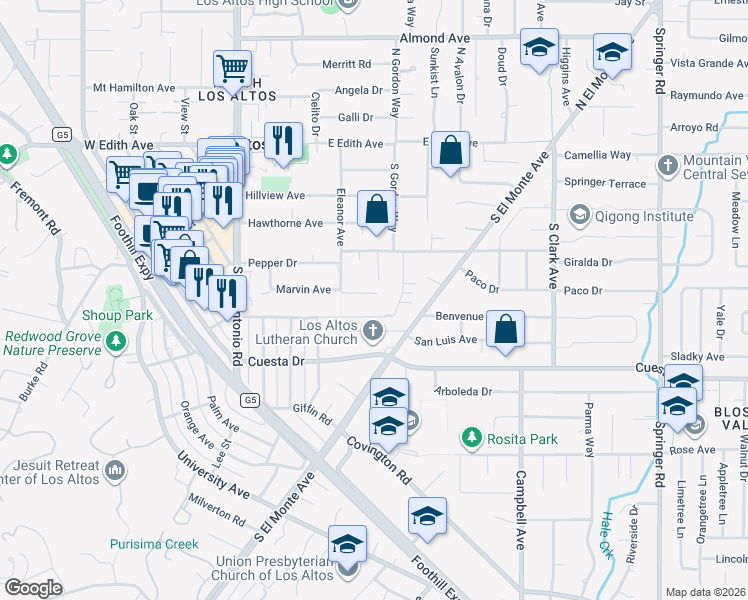 map of restaurants, bars, coffee shops, grocery stores, and more near 214 Lyell Street in Los Altos