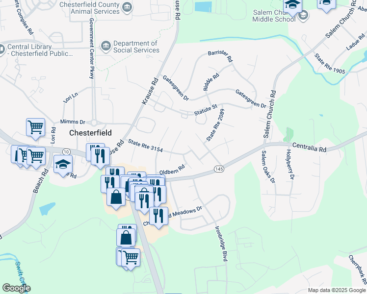 map of restaurants, bars, coffee shops, grocery stores, and more near 9802 Husting Terrace in Chesterfield
