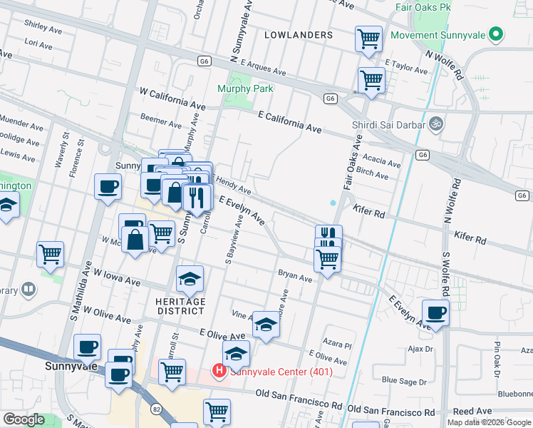 map of restaurants, bars, coffee shops, grocery stores, and more near 457 East Evelyn Avenue in Sunnyvale
