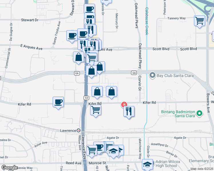 map of restaurants, bars, coffee shops, grocery stores, and more near 3020 Boyter Place in Santa Clara