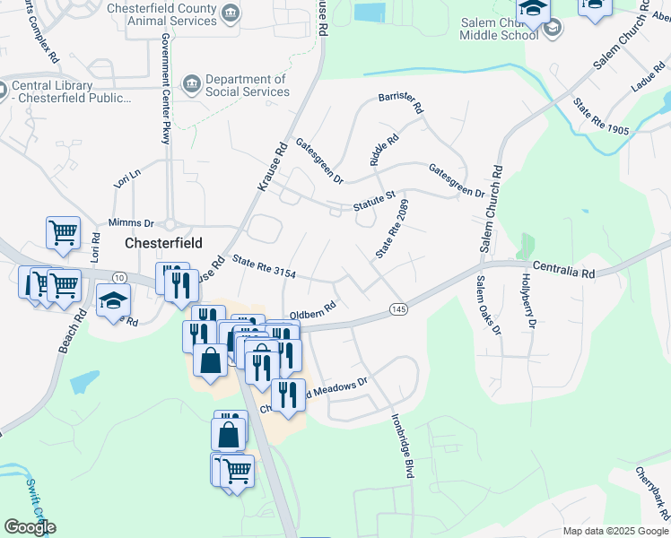map of restaurants, bars, coffee shops, grocery stores, and more near 9802 Husting Terrace in Chesterfield